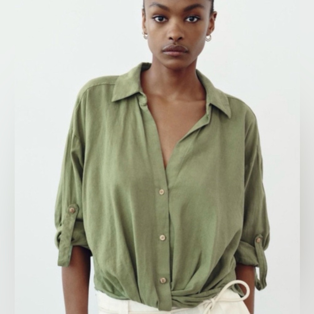 Zara Green Button-Down Linen Shirt | Like New